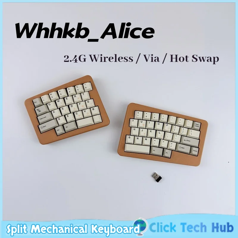 Фото Беспроводная раздельная механическая клавиатура WHHKBALICE 2.4G, эргономичная, наклонная, с возможностью горячей замены, программируемая, для офиса, игр, ПК и ноутбуков №1