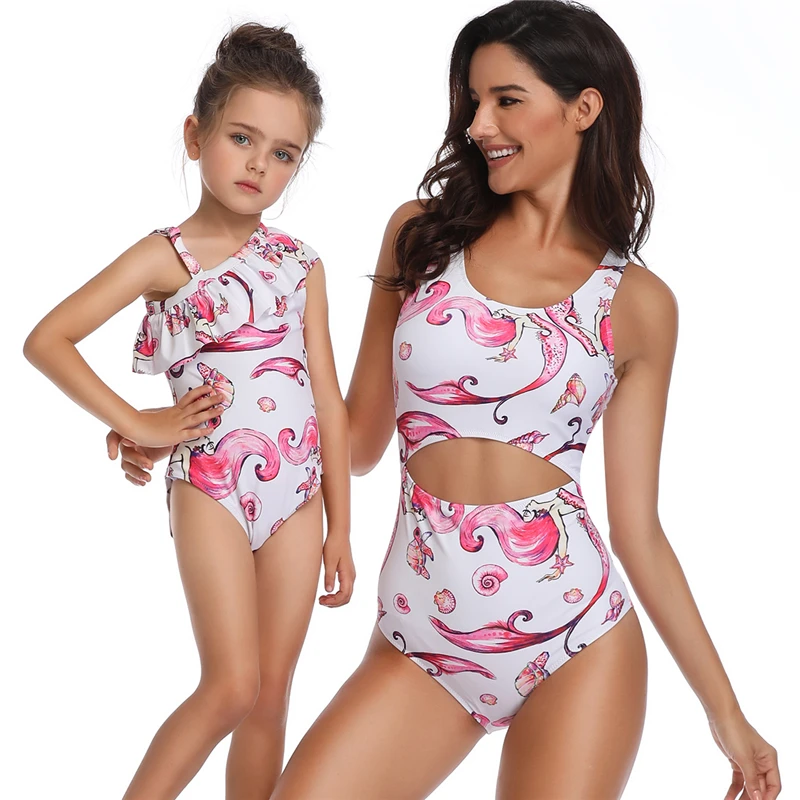 

Matching Family Outfits Cartoon Pattern one-piece Swimsuit for family matching clothes Flounce design Clothing