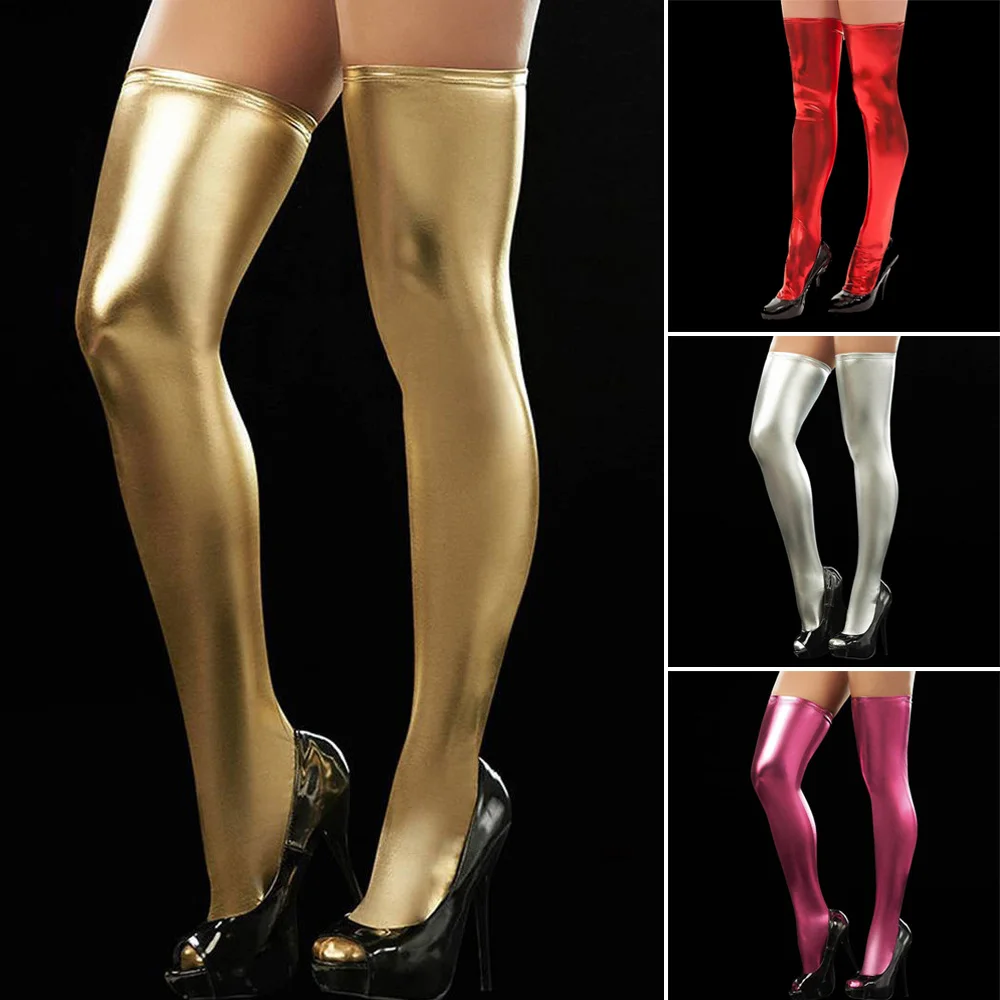 

Women Pantent Leather Leggings Thigh High Stockings PU Leather Wet Look Clubwear Sexy Socks Oil Shiny Laser Stocking Leggings