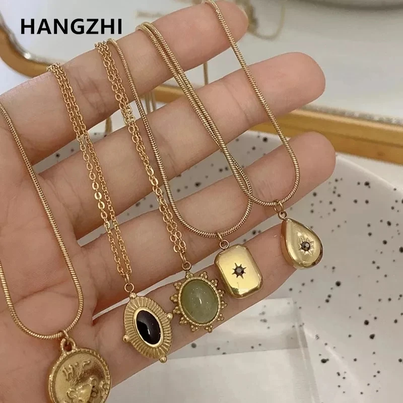 

HangZhi 2023 New Korean Vintage Water Drop Star Round Bear Oval Pendant Necklace Geometric Gold Color Titanium Steel Jewelry