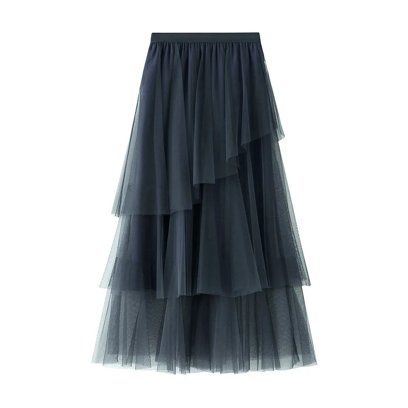 

Юбка женская плиссированная из тюля, длинная Асимметричная черная сетчатая Асимметричная юбка с оборками, в Корейском стиле, весна-осень