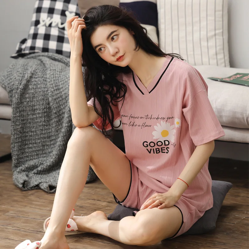 Пижама женская на весну и лето новые хлопковые шорты с коротким рукавом