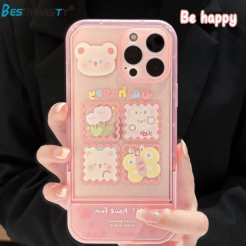 

Квадратный чехол BESD с изображением розового медведя кролика для iPhone 12 mini Pro Max, милый складной прозрачный чехол для iphone