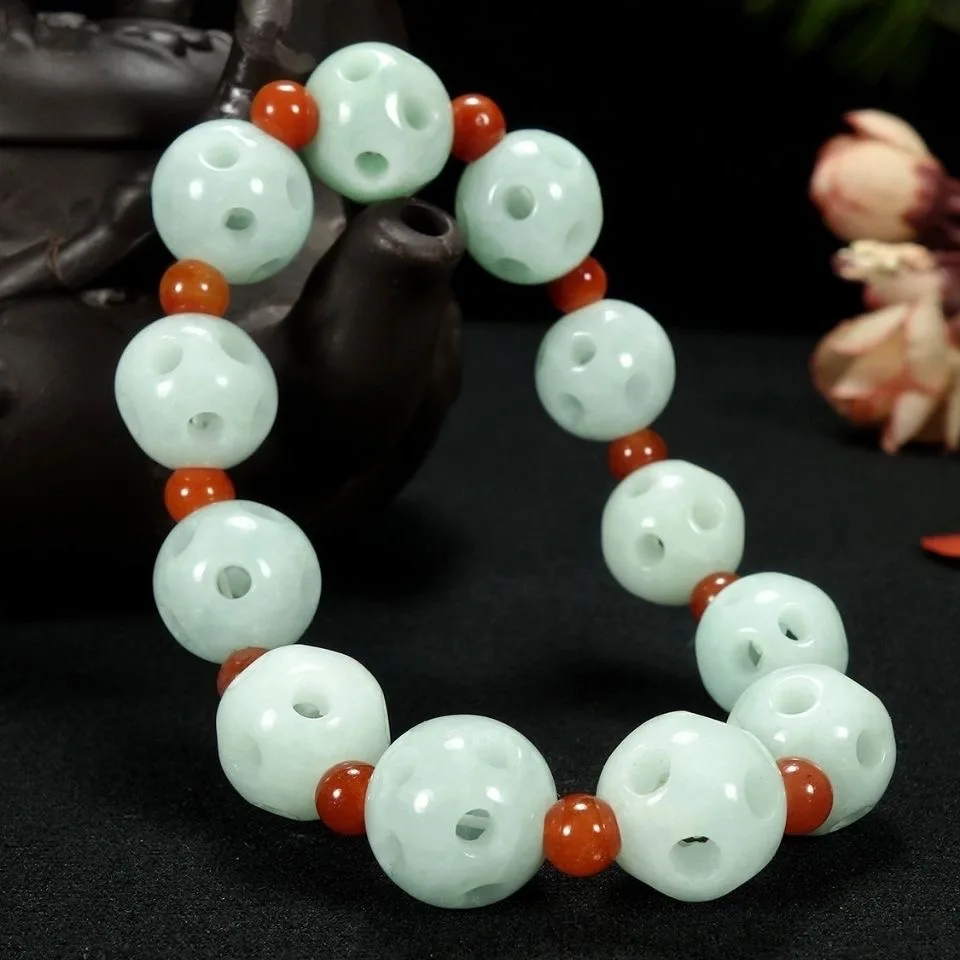 

Natural Jade Emerald Hollow Bead Bracelet Adjustable Bangle Charm Jewellery Fashion Accessories Hand-carved Man Woman Amulet