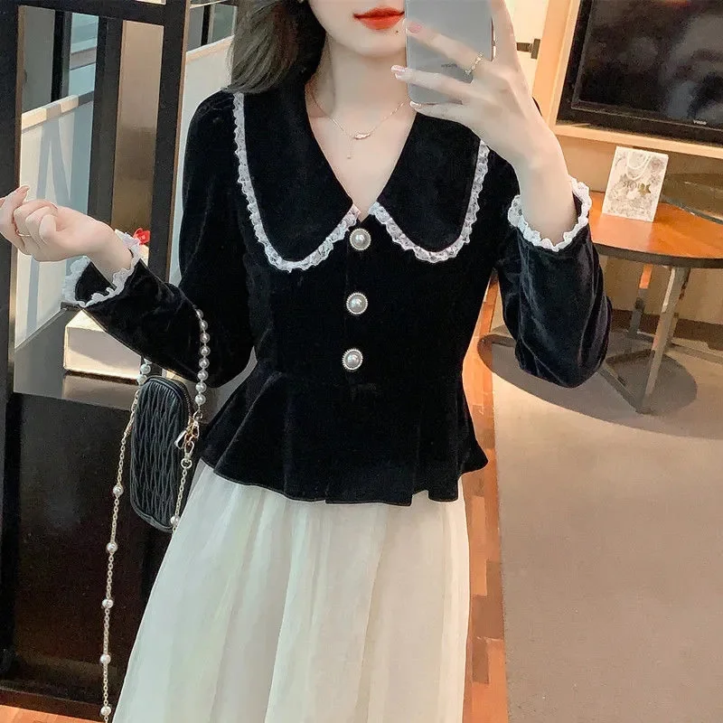Корейский женский бархатный кардиган блузка весенне-осенняя женская рубашка с