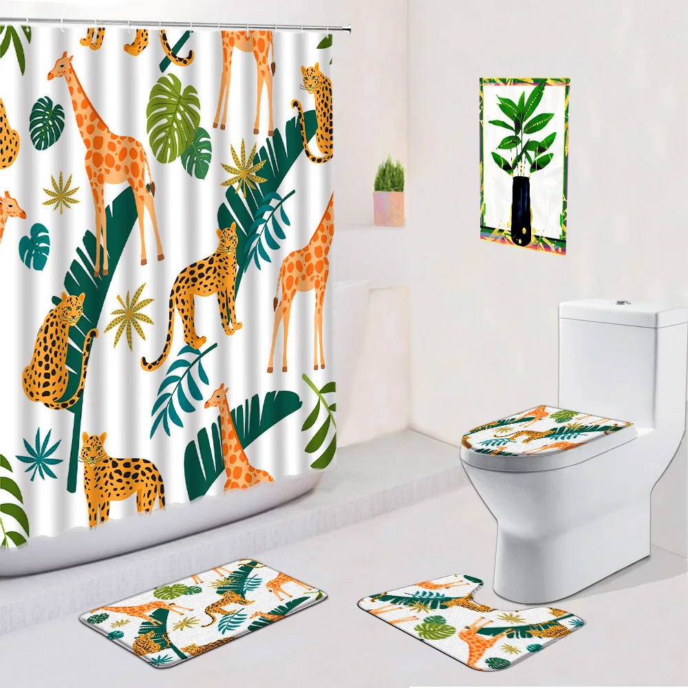 4pcs Giraffe Leopard Leaves Shower Curtain Bath Mat Set Wild Animal Palm Leaf Simple Anti Slip Foot Rug Bathroom Accessory Set