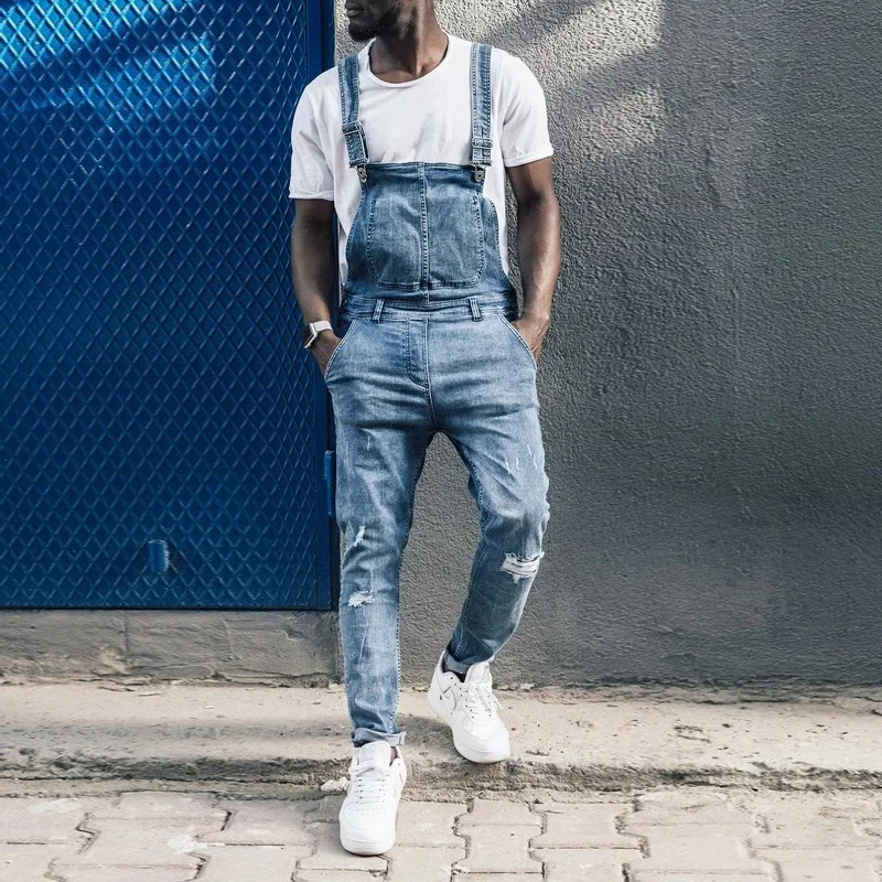 Men's Fashionable Suspender Denim Jumpsuit Jeans Trousers Popular Overalls Full Length Cargo Pants Bibs Rompers