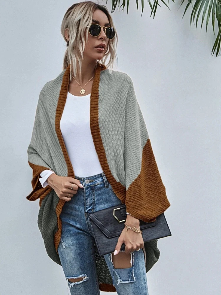 

Cardigan Casual Color Blocking Korean Fashion Dolman Sleeve Sweater Women’s Clothing V-neck Elegant Loose Women Sweaters 2023