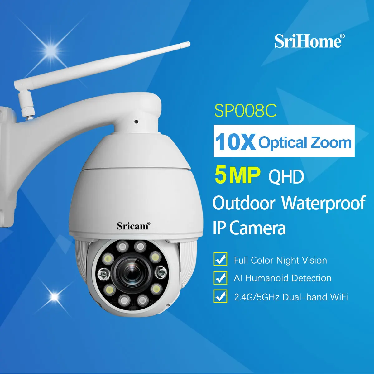 

Sricam SP008C 5.0MP 10X PTZ Optocal Zoom IP Camera Wifi Outdoor Waterproof Security Protection Video Surveillance CCTV Cameras