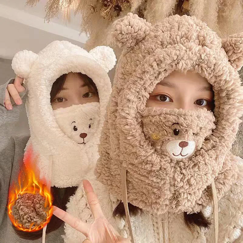 

Kawaii Winter Cartoon Bear Hat With Mask Bear Lamb Beanie Hats Warm Thickened Ear Protection Skullies Beanies for Women Girls