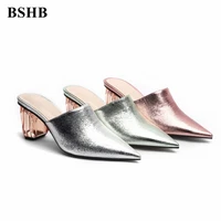 mules shoes women pointed toe sliver slippers womens heel mules outdoor chunky heels crystal heels large size pink gold elegant