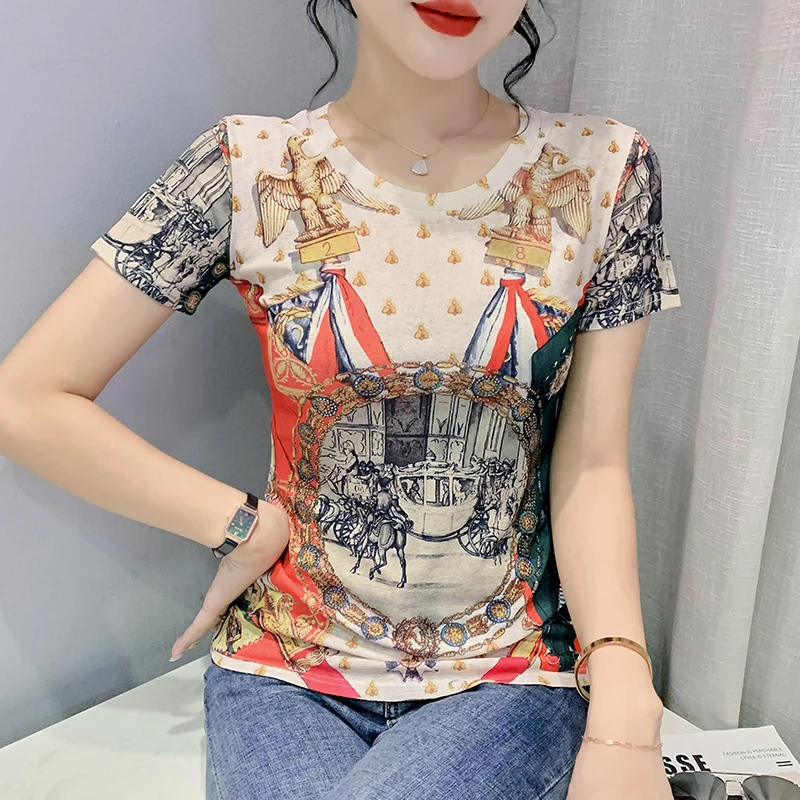 

Women's Clothing Summer Streetwear Y2k Clothes Short SleeveMesh Women's V-neck T-shirt Printing Positioning Flower Top Vintage