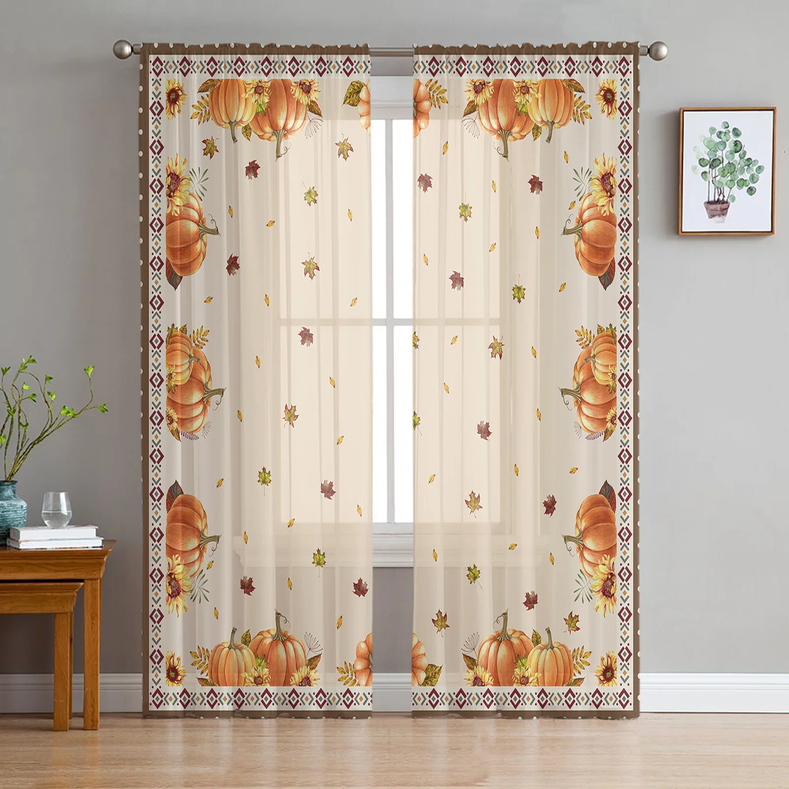 

Thanksgiving Fall Pumpkin Maple Leaf Sheer Curtains for Living Room Bedroom Tulle Curtain for Kitchen Home Decor Window Drapes
