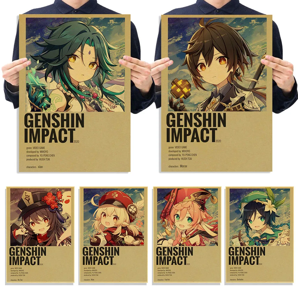 

Genshin Impact Figure Zhongli Xiao Hutao Posters Kraft Paper Vintage Poster Wall Art Painting Home Decoration Pictures