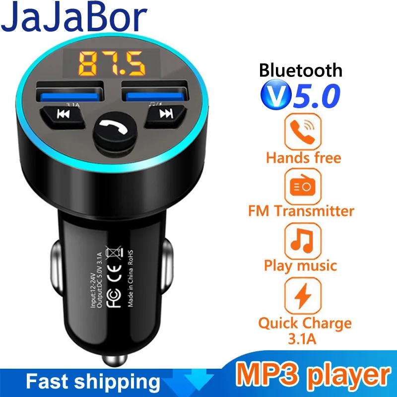 

JaJaBor FM Transmitter Stereo Car MP3 Player 3.1A Fast Charging Dual USB Charger Car Bluetooth 5.0 Handsfree Kit FM Modulator