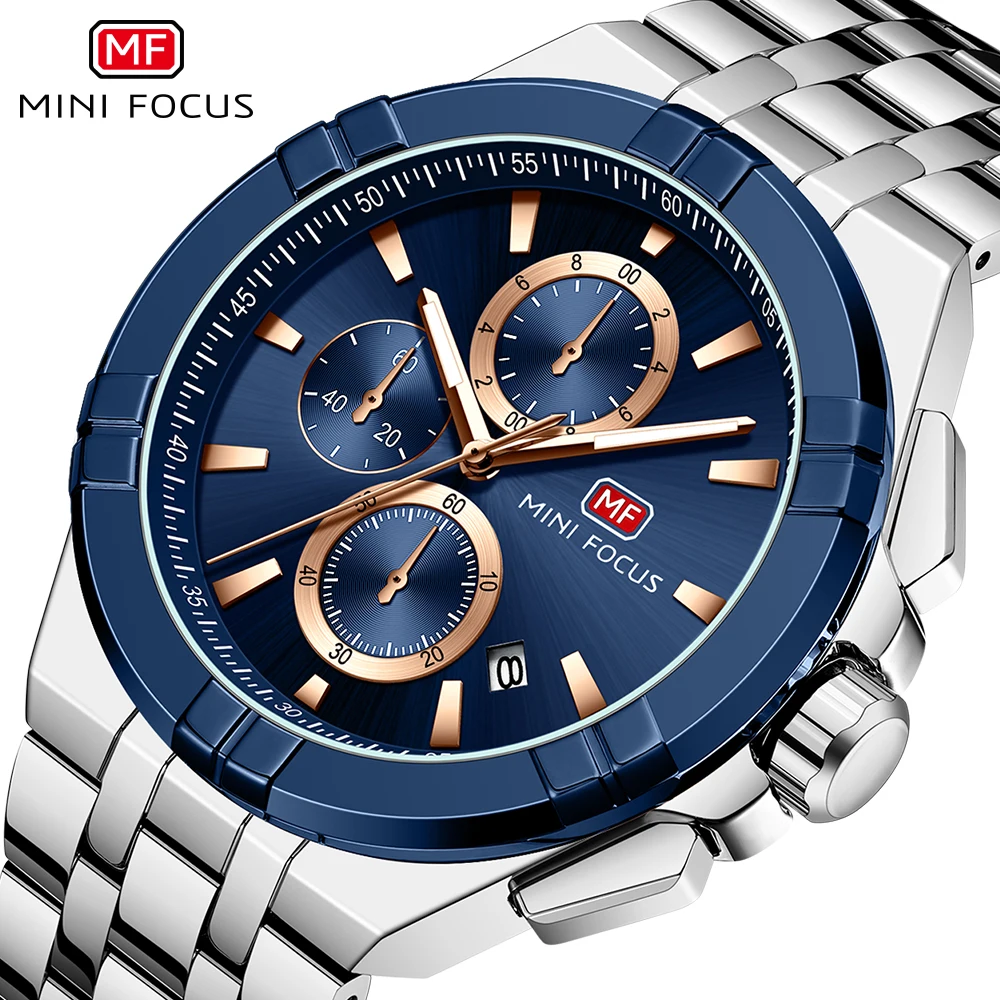 

MINI FOCUS Business Quartz Watch for Men Chronograph Seconds Sub-Dials Calendar Luxury Waterproof Watches Stainless Steel Strap