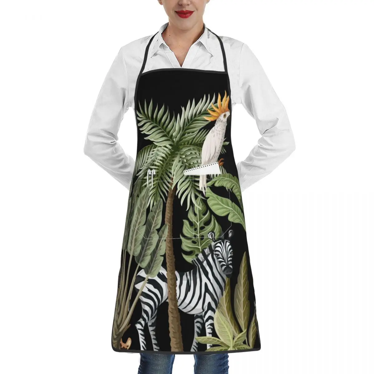 

Tropical Palm Tree Banana Leaf And Jungle Animals Apron Waterproof Home Kitchen Cooking Waist Hanging Neck Towel Apron