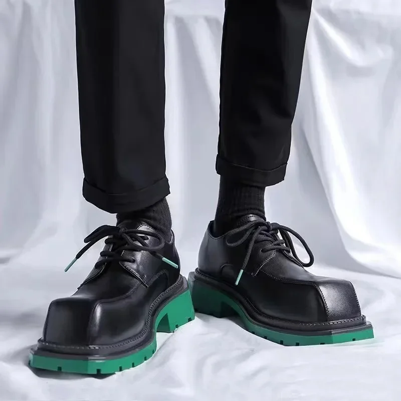 Кожаные туфли с большой головкой в британском стиле на высоком каблуке со