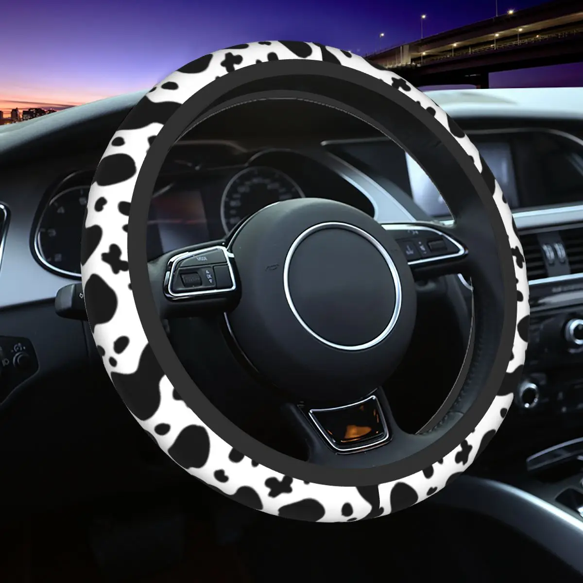 

Cow Car Steering Wheel Cover 37-38 Non-slip Black And White Animal Skin Auto Steering Wheel Protector Interior Accessories