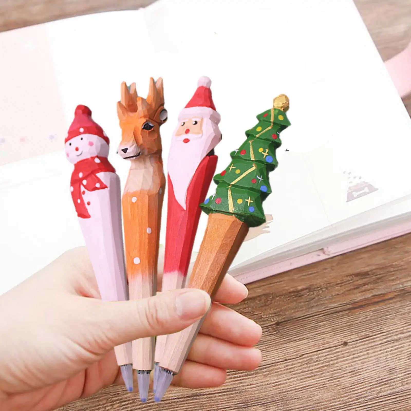 

Christmas Handmade Wood Carving Pen Cute Cartoon Ballpoint Pen For Writing Signature Office School Christmas Tree Snowman P J9d2