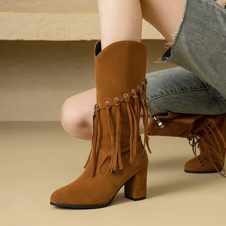 Ботинки из искусственной замши с острым носком на квадратном каблуке 7 см