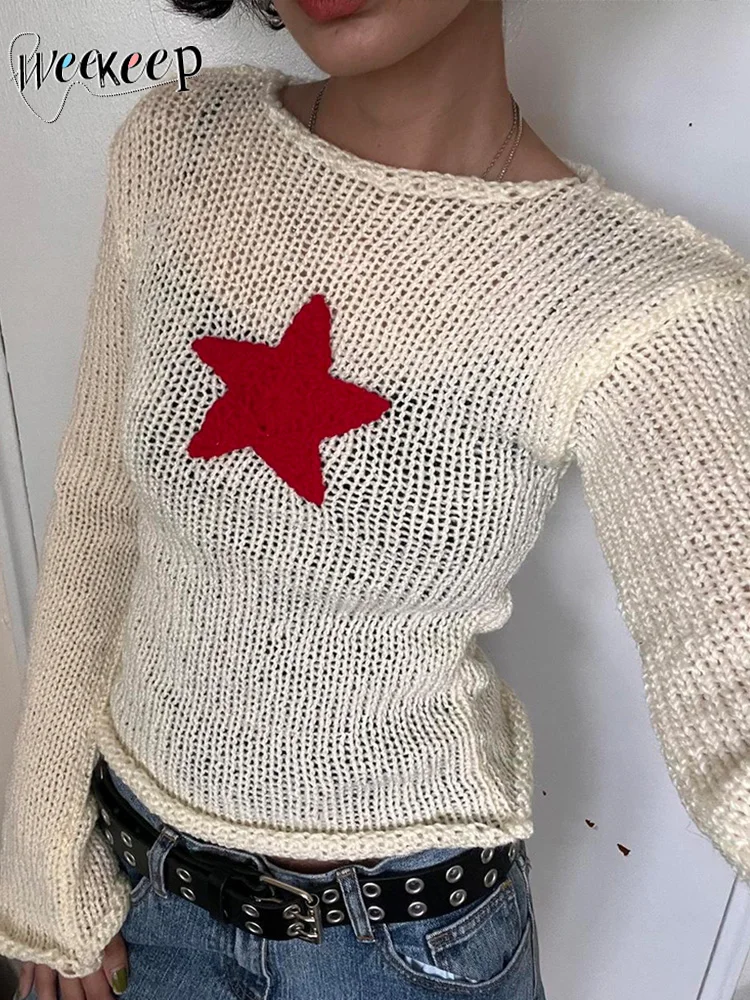 

Weekeep y2k Sweater Women Cute Star Stitching Knitwear Smock Vintage Long Sleeve Hollow Out Sweaters Lady Jumper Fairycore Retro