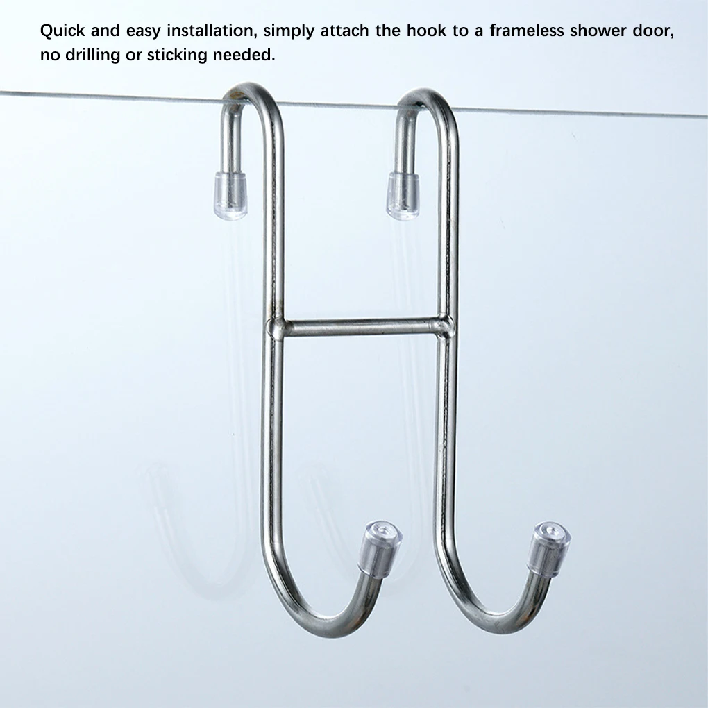 

Shower Door Hook Stainless Steel Hanger Towels S-Shape Punch-free 2 Hooks Rack Bathroom Wardrobe Closet Kitchen