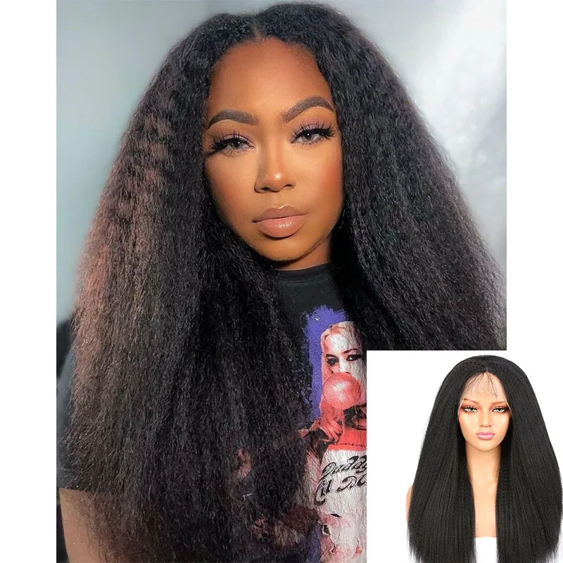 180%Density 26Inch Long Kinky Natural Black Yaki Straight Lace Front Wig High Temperature With Baby Hair For Women Daily Wigs