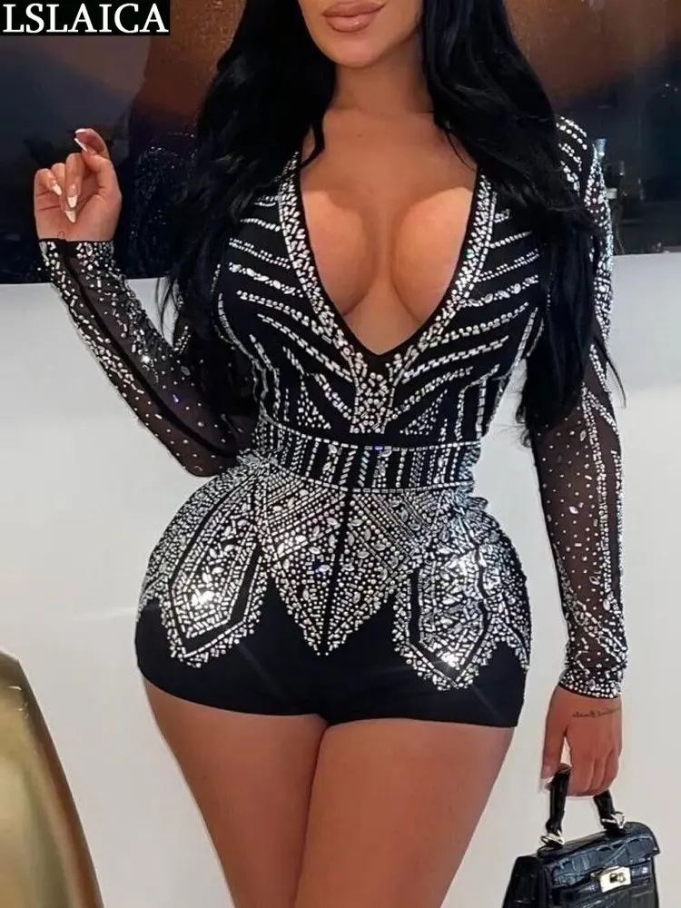 

Long Sleeve Jumpsuit Plus Size Woman Hot Stamping Romper Black Jumpsuits Elegant Bodycon Bodysuit Party Club Sexy One Piece New
