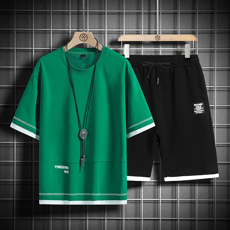 2023 summer new men's sports leisure suit Korean version of youth crewneck short-sleeved T-shirt shorts two-piece set