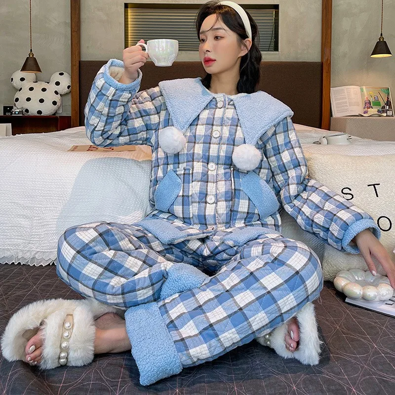 Winter New Cotton 2PCS Pajamas Set Coral Fleece Women Sleepwear Nightwear Home Clothes Casual  Thick 3 Layers Quilted Sleep Suit
