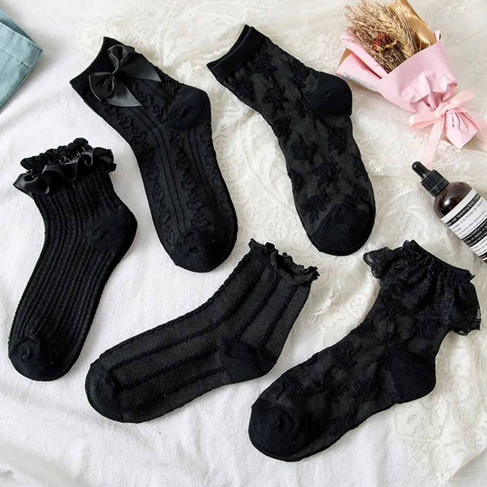 

1Pair Japanese Sweet Lace Bow Socks Lolita JK Uniform Rose Print Mid-Tube Cotton Socks for Women Hosiery