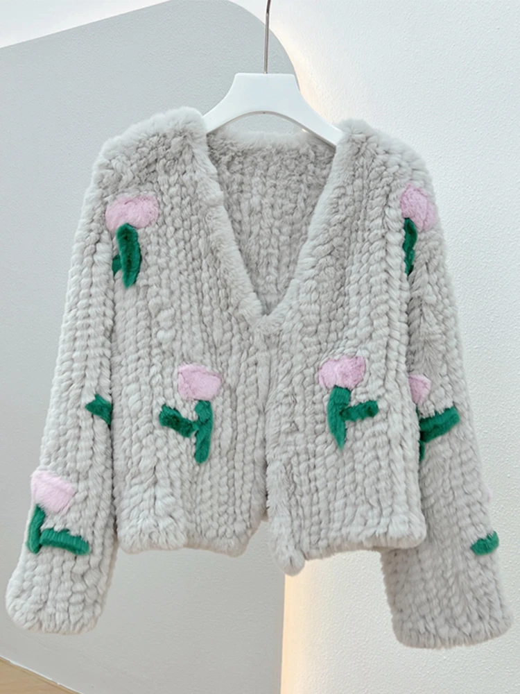 Women Real Fur Coat 100% Real Rex Rabbit Fur Coat Short Natural Floral Knitted Jacket V-neck Fashion Winter Streetwear