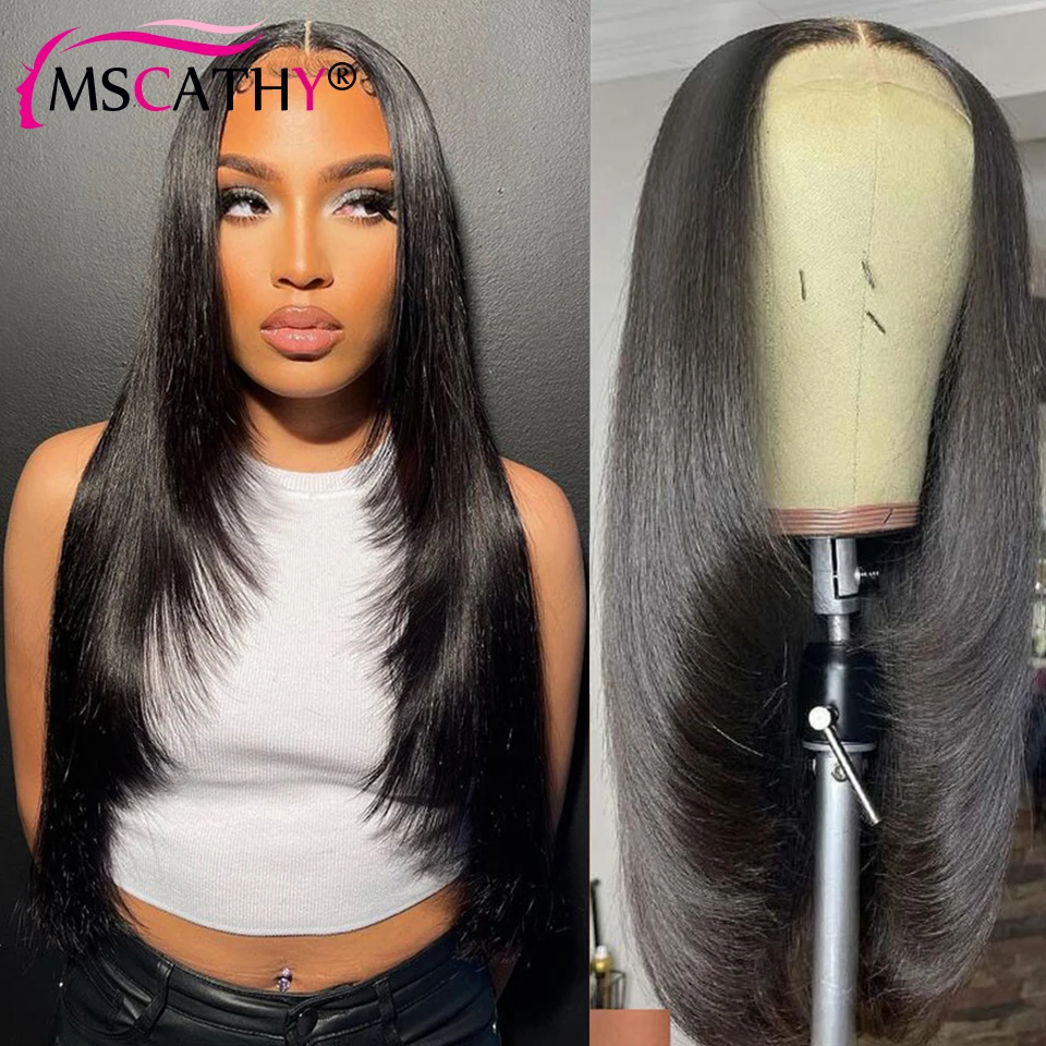 Layered Lace Front Wigs For Women Straight Natural Black Colored Wigs HD Transparent 100% Human Hair Lace Frontal Wig Preplucked