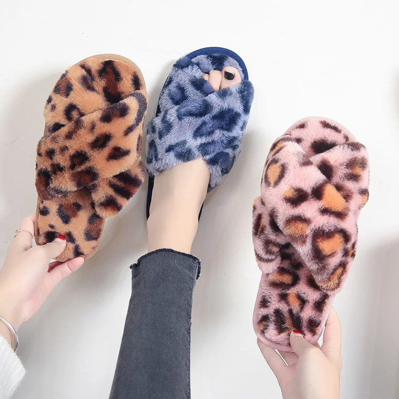 Winter Slippers Women Warm Faux Fur Shoes Leopard Style Ladies Indoor Floor Slipper Open Toe Female Home Fashion Slides SH444