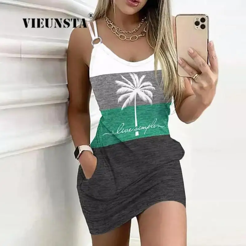 

Fashion Casual Office Lady Pocket Mini Dress Women Basic Comfortable Dress Mujer Summer Sexy Sleeveless Straps Print Party Dress
