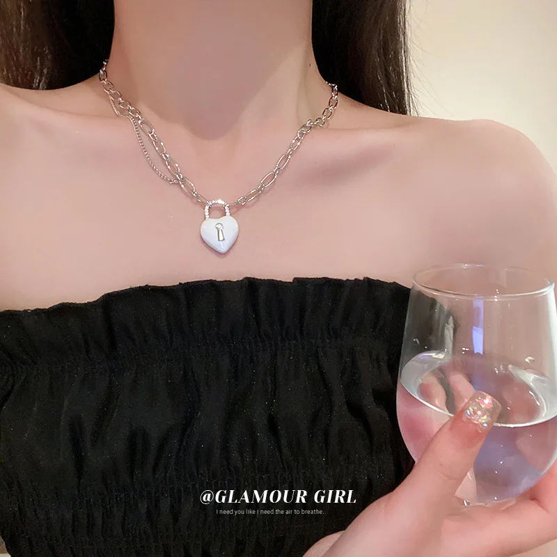 Korean Double-sided Love Lock Pendant Necklace Clavicle Chain Light Luxury Inlaid Zircon High-grade Personality Temperament Neck