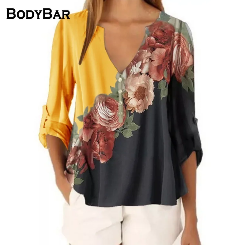 

Женская футболка с длинным рукавом, V-образным вырезом и цветочным принтом