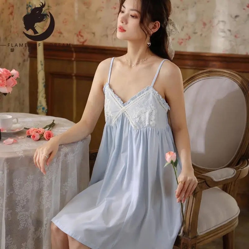 Flame of dream Suspender Nightdress Female Summer Cotton Court Style Sexy Lace Princess Robe Loose Embroidered  Nightwear 221521