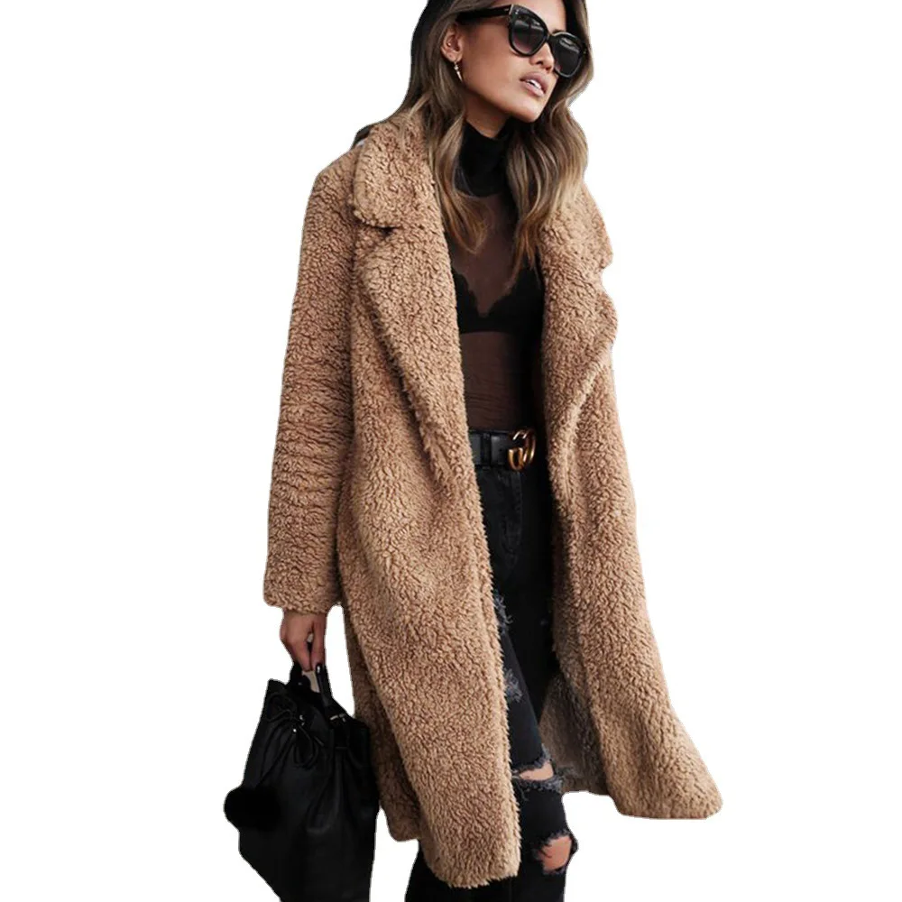 Women's Leather Fur Coat Fall Winter Fashion Lapel Imitation Fur Long Coat Faux Fur Coat