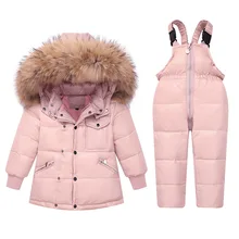 Winter children' suit Kids black down jacket + warm down pants two-piece set Girls pink cold protection thick suit Baby snowsuit