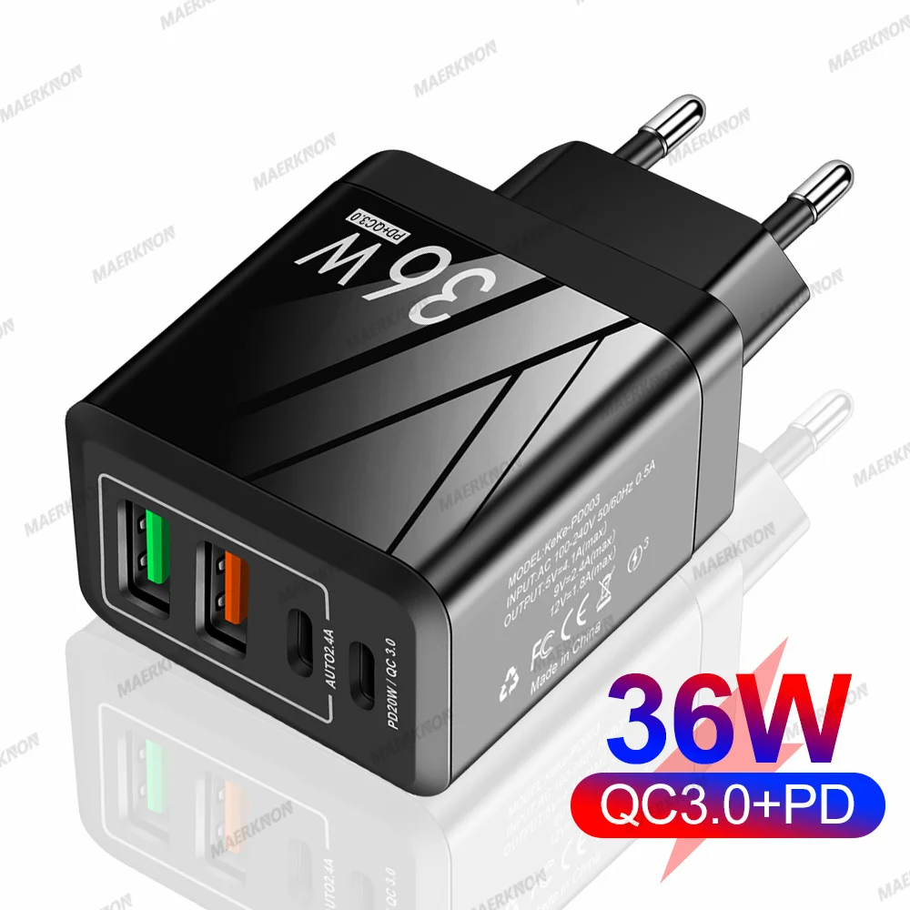 36W 2USB 2Type-C Fast Charger Quick Charge For iPhone 14 13 Pro Samsung S21 20 Xiaomi Huawei P50 40 Phone Adapter Wall Charger