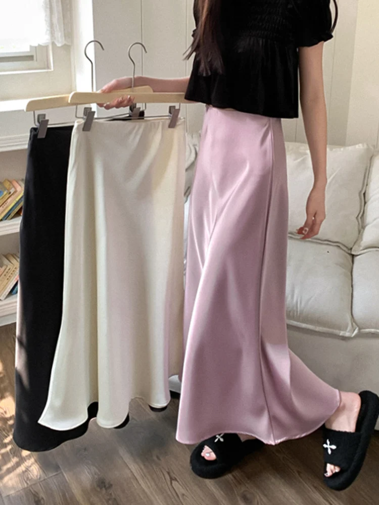 

Summer Silk Midi Skirts Womens Korean England Style Satin Office Lady Simple Solid Elegant Faldas Mujer Moda Long Skirts Womens
