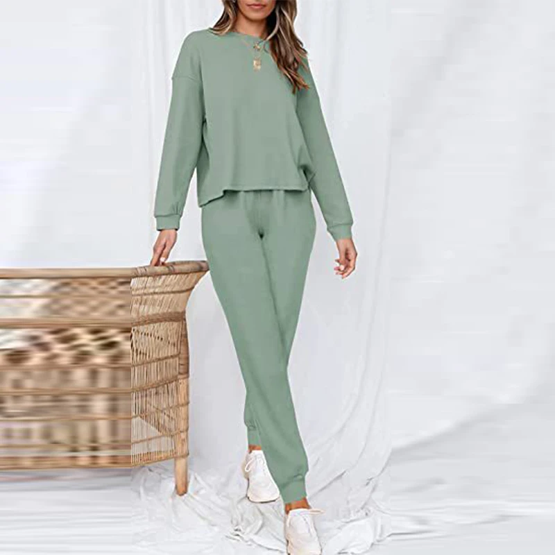 

Women Solid Two Piece Set Casual Long Sleeve O Neck Pullover Tops And Drawstring Sweatpant Suit Loose Female Loungwear Tracksuit