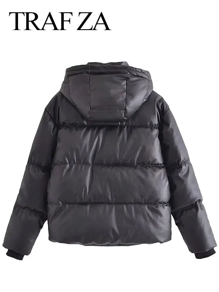 TRAF ZA Winter Women's Clothing Pu Faux Leather Hooded Cotton Coats Zipper Pocket Jacket Solid Vintage Warm Female Outerwear