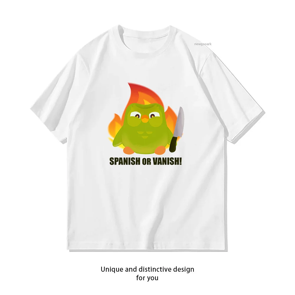 Фото Футболка Spanish or Vanish Duolingo для женщин и мужчин, летняя хлопковая футболка с графическим принтом, уличная одежда для взрослых, топы, футболки с коротким рукавом №1