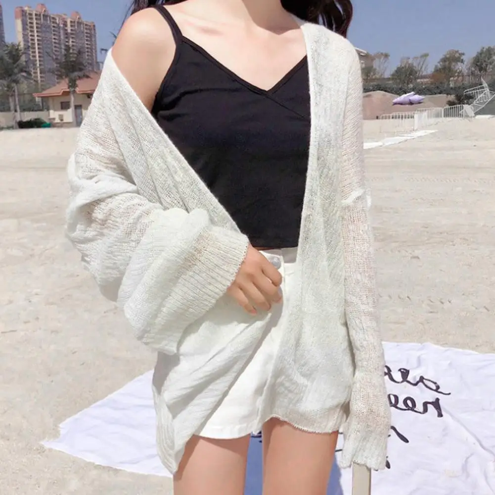 

Summer Knitted Cardigan Cardigan lazy loose Hollow long-sleeved color Sweter shirt air-conditioned Cardigan soild Cropped U5N0