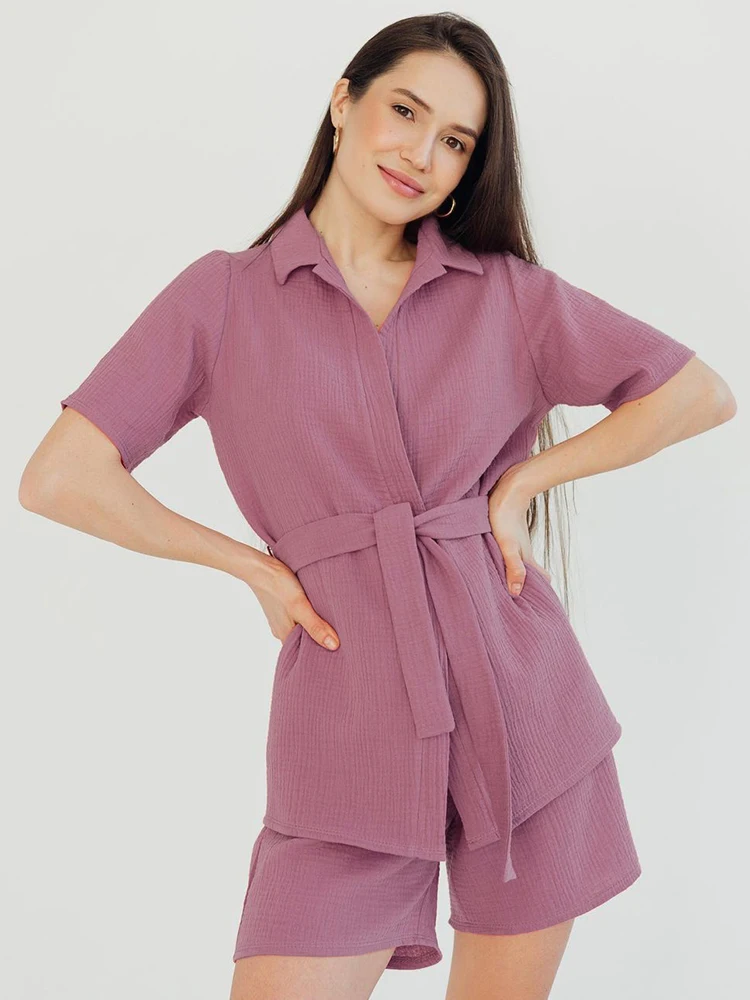 

Linad Cotton Women's Home Clothes 2 Piece Sets Short Sleeve Pajamas Sashes Casual Suits With Shorts Autumn Female Sleepwear