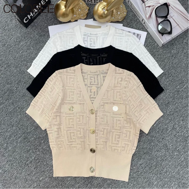 

Luxury Gold Button Tops for Women 2023 Summer Elegant V-neck Short Sleeve Knitted Cardigan Feminino Korean Fashion Sweater Mujer