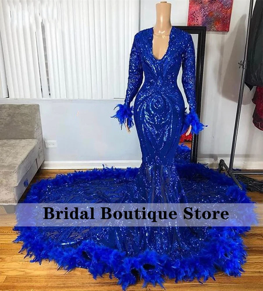 

Sexy Blue Mermaid Prom Dresses Long Sleeves Feathers Sequins Beaded Birthday Party Dress African Cocktail Gowns Robe De Bal